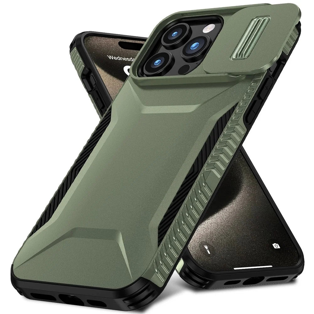 For iPhone 15 Pro Max Case Shockproof PC+TPU Phone Shell with Sliding Camera Cover - Green - 2