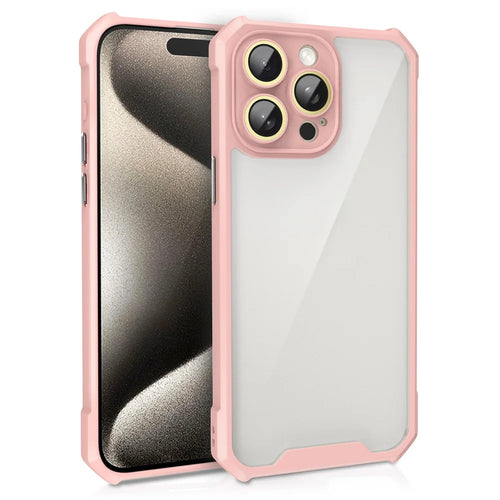 For iPhone 14 Pro Case Transparent Back Acrylic+TPU Phone Cover with Glass Lens Film - Pink - 1