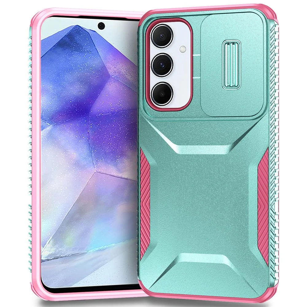 For Samsung Galaxy A55 5G Shockproof Case PC+TPU Phone Shell with Sliding Camera Cover - Green / Pink - 1