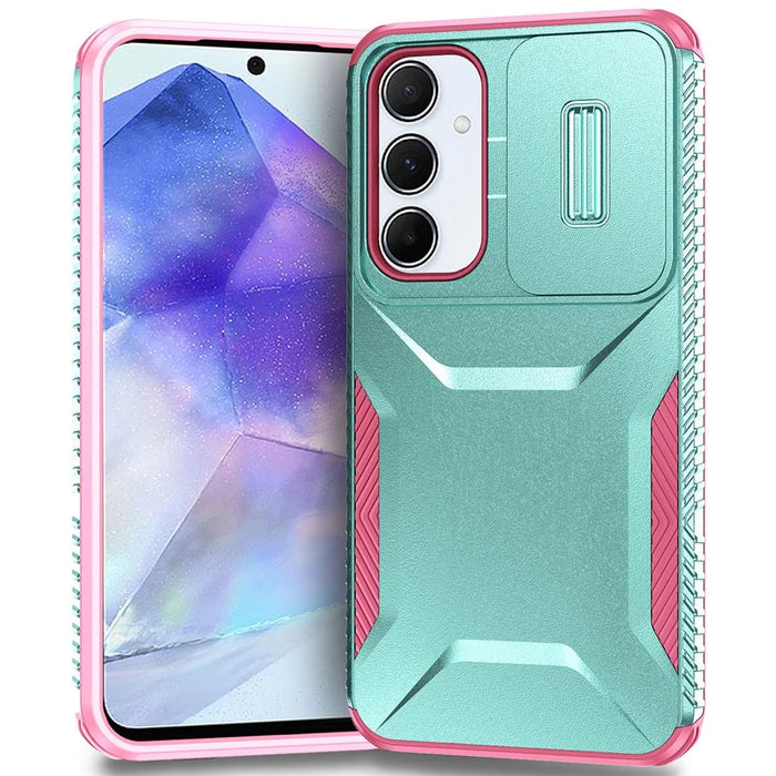 For Samsung Galaxy A55 5G Shockproof Case PC+TPU Phone Shell with Sliding Camera Cover - Green / Pink - 1