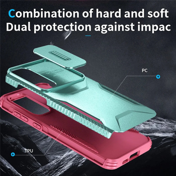 For Samsung Galaxy A55 5G Shockproof Case PC+TPU Phone Shell with Sliding Camera Cover - Green / Pink - 4