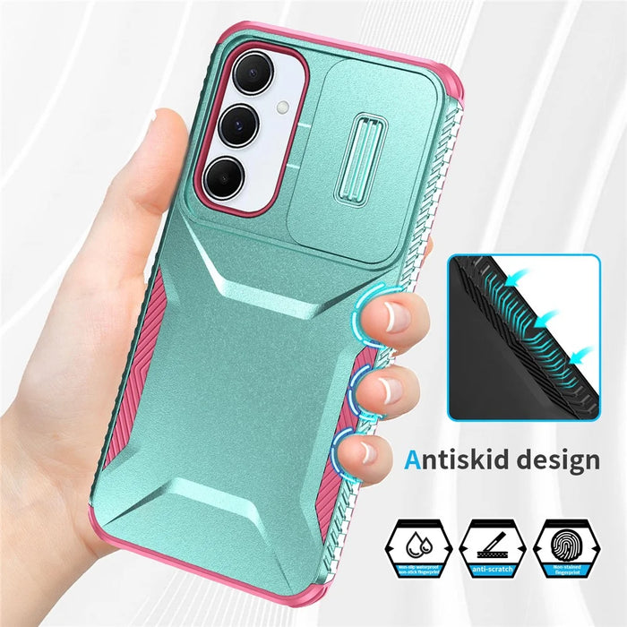For Samsung Galaxy A55 5G Shockproof Case PC+TPU Phone Shell with Sliding Camera Cover - Green / Pink - 6