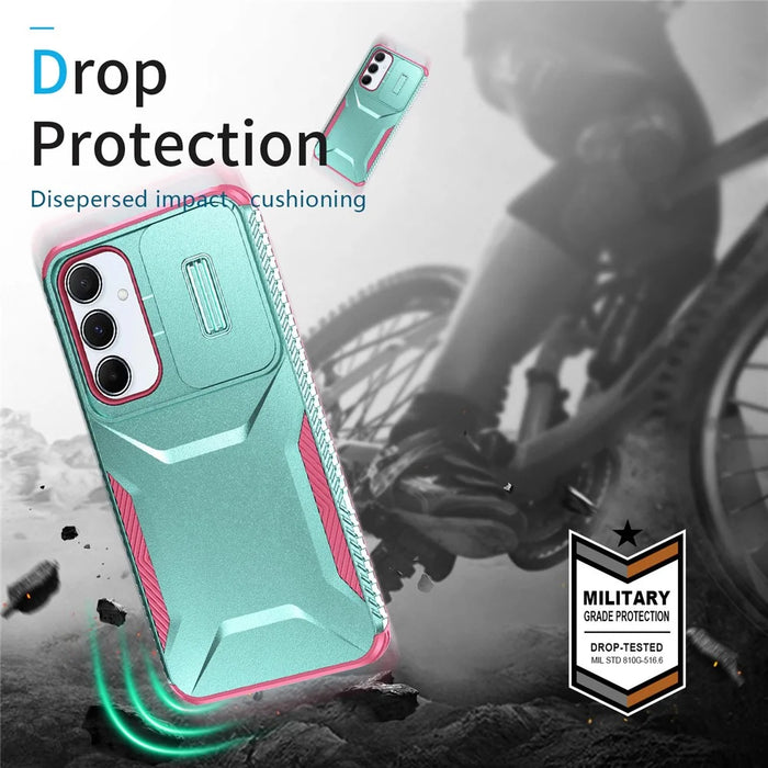 For Samsung Galaxy A55 5G Shockproof Case PC+TPU Phone Shell with Sliding Camera Cover - Green / Pink - 7