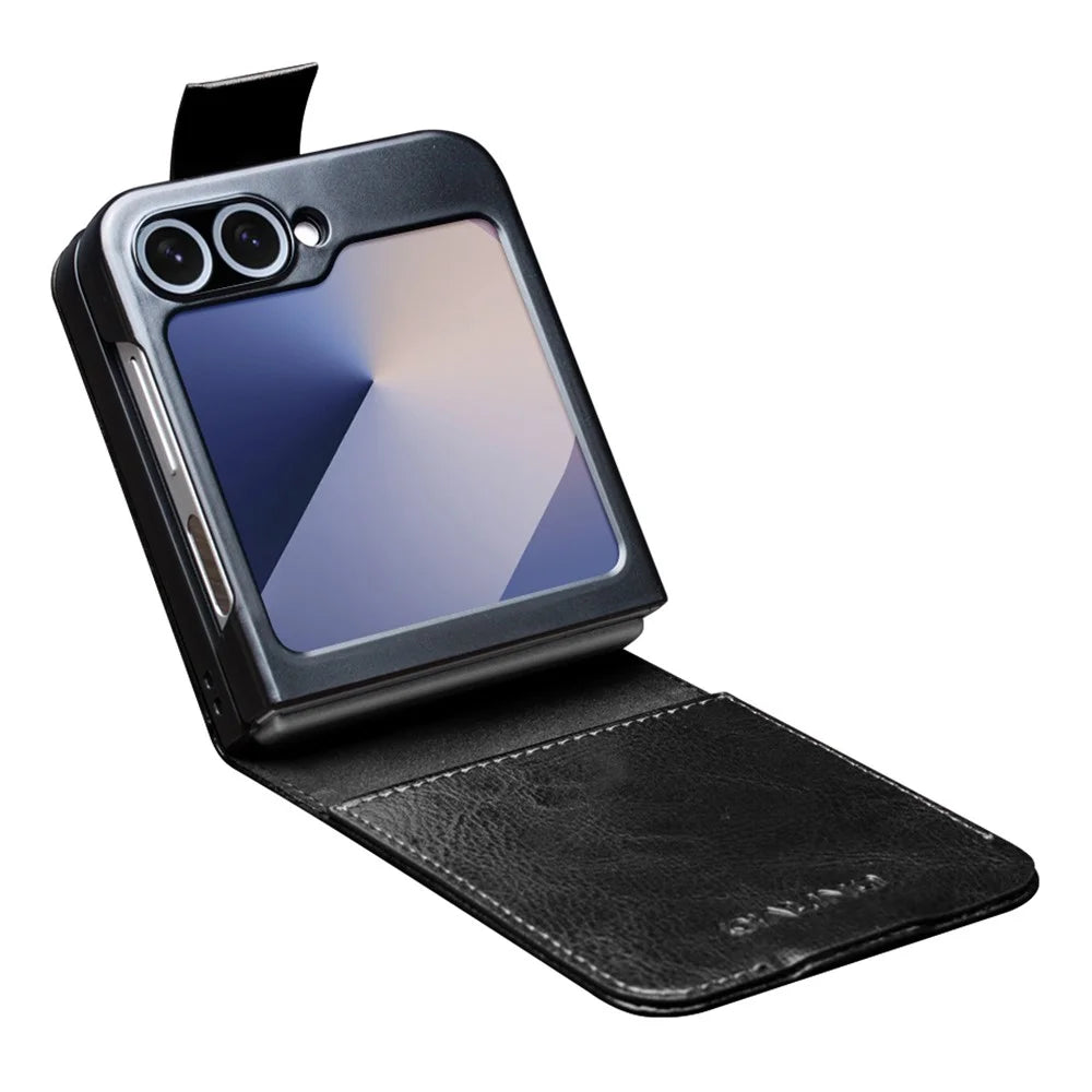 QIALINO For Samsung Galaxy Z Flip7 FE 5G / Z Flip6 5G Case TPU+Genuine Cow Leather Folio Flip Phone Cover - Black - 2