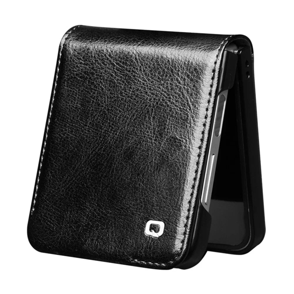 QIALINO For Samsung Galaxy Z Flip7 FE 5G / Z Flip6 5G Case TPU+Genuine Cow Leather Folio Flip Phone Cover - Black - 3
