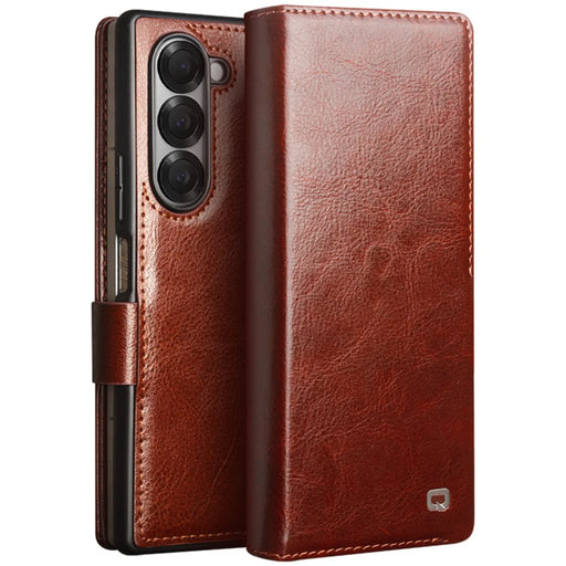 QIALINO For Samsung Galaxy Z Fold6 5G Case TPU+Genuine Cow Card Slot Leather Phone Cover - Brown - 1