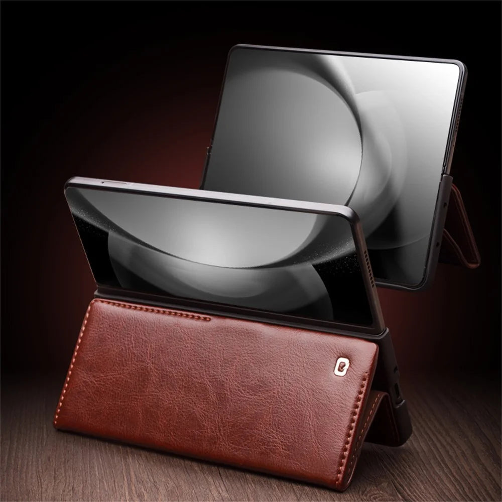 QIALINO For Samsung Galaxy Z Fold6 5G Case TPU+Genuine Cow Card Slot Leather Phone Cover - Brown - 4