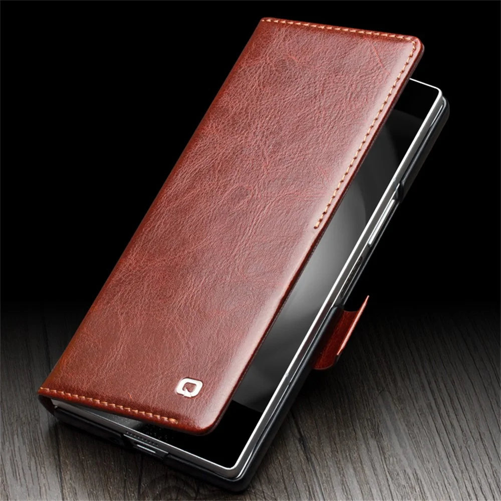 QIALINO For Samsung Galaxy Z Fold6 5G Case TPU+Genuine Cow Card Slot Leather Phone Cover - Brown - 5