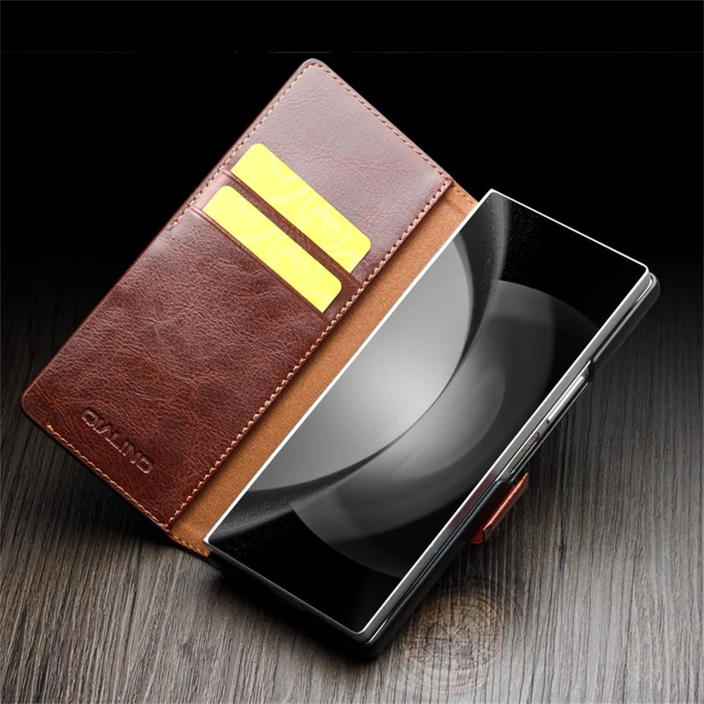 QIALINO For Samsung Galaxy Z Fold6 5G Case TPU+Genuine Cow Card Slot Leather Phone Cover - Brown - 6