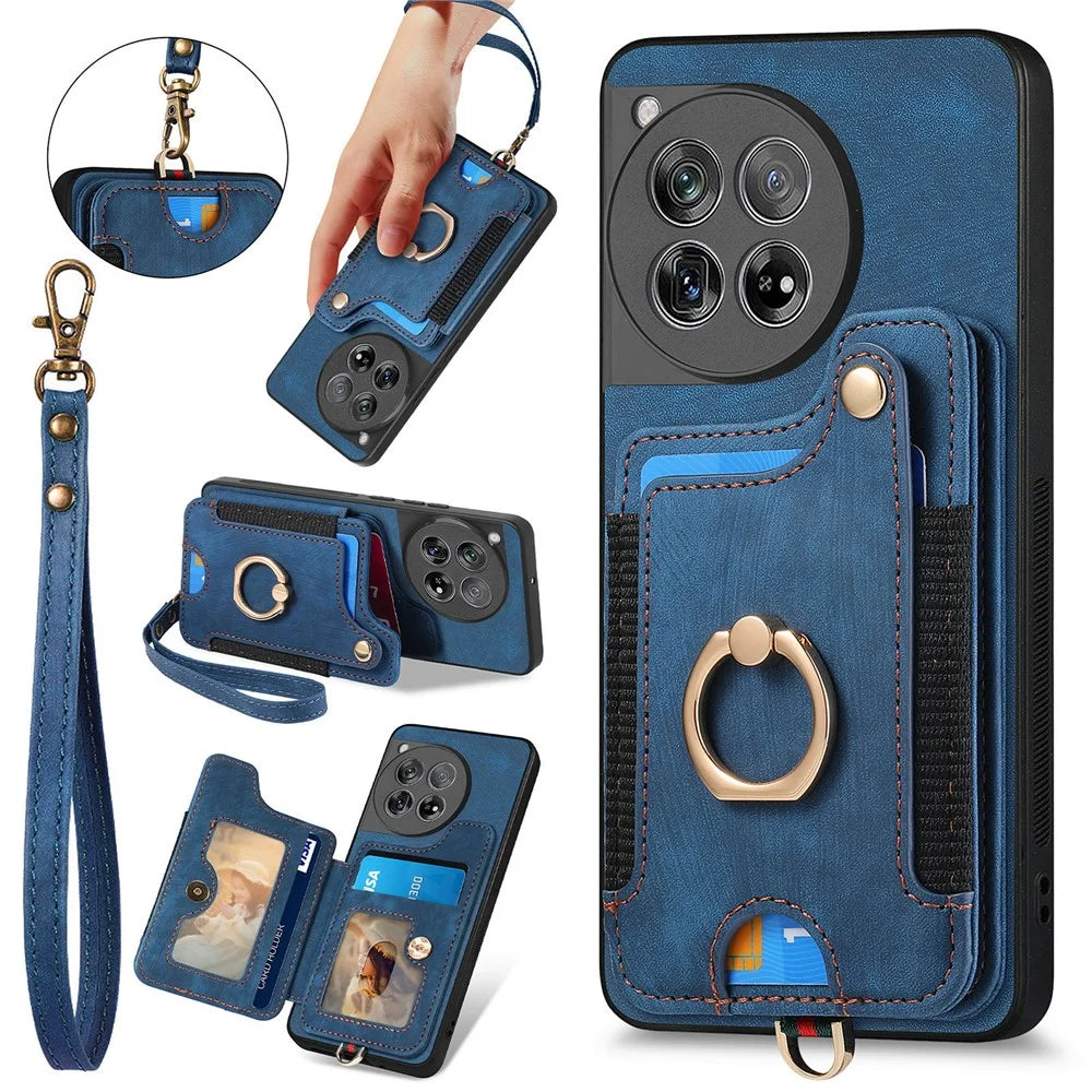 D4 For OnePlus 12 5G Case PU Leather RFID Blocking Back Cover Ring Holder Card Slots - Blue - 1