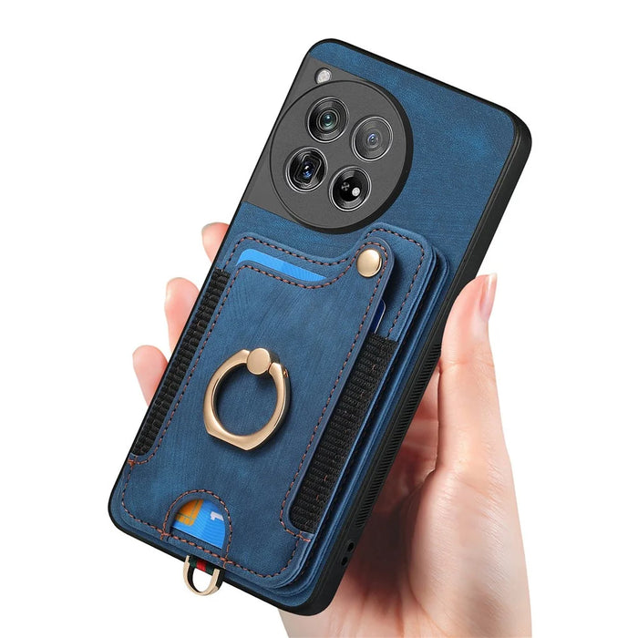 D4 For OnePlus 12 5G Case PU Leather RFID Blocking Back Cover Ring Holder Card Slots - Blue - 4