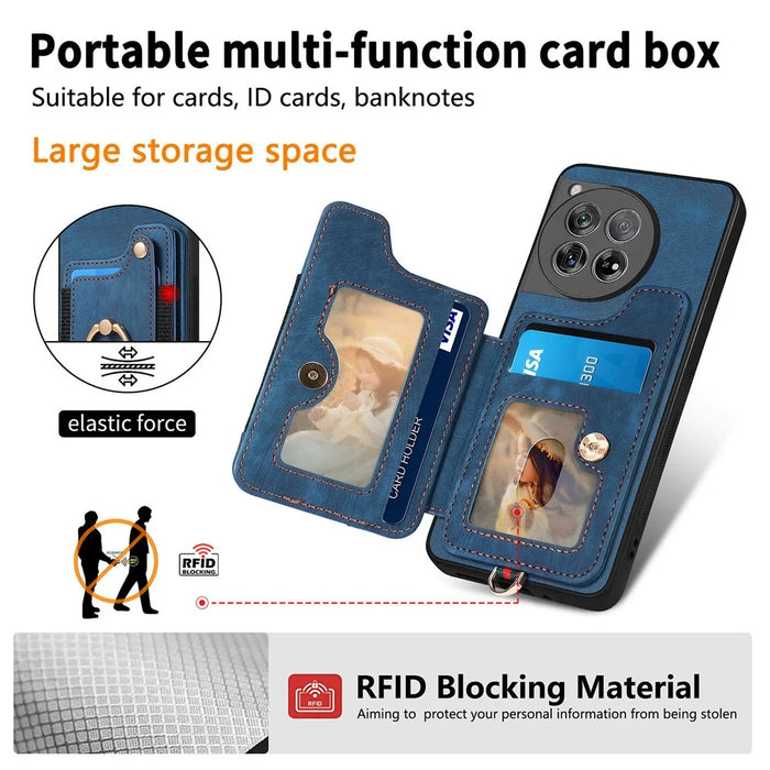 D4 For OnePlus 12 5G Case PU Leather RFID Blocking Back Cover Ring Holder Card Slots - Blue - 5