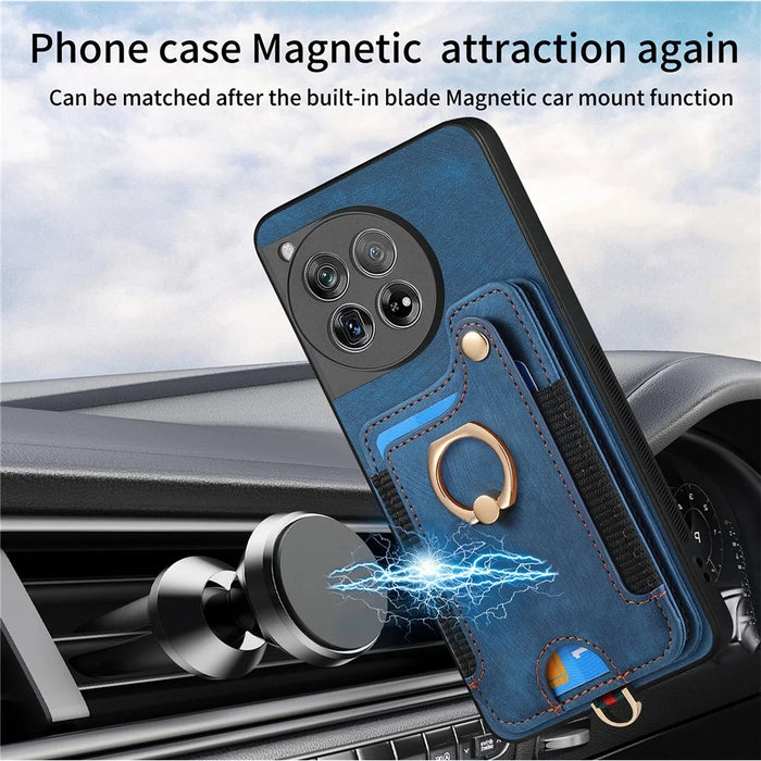 D4 For OnePlus 12 5G Case PU Leather RFID Blocking Back Cover Ring Holder Card Slots - Blue - 6