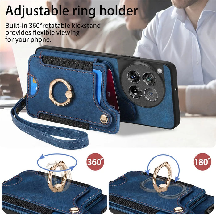 D4 For OnePlus 12 5G Case PU Leather RFID Blocking Back Cover Ring Holder Card Slots - Blue - 7