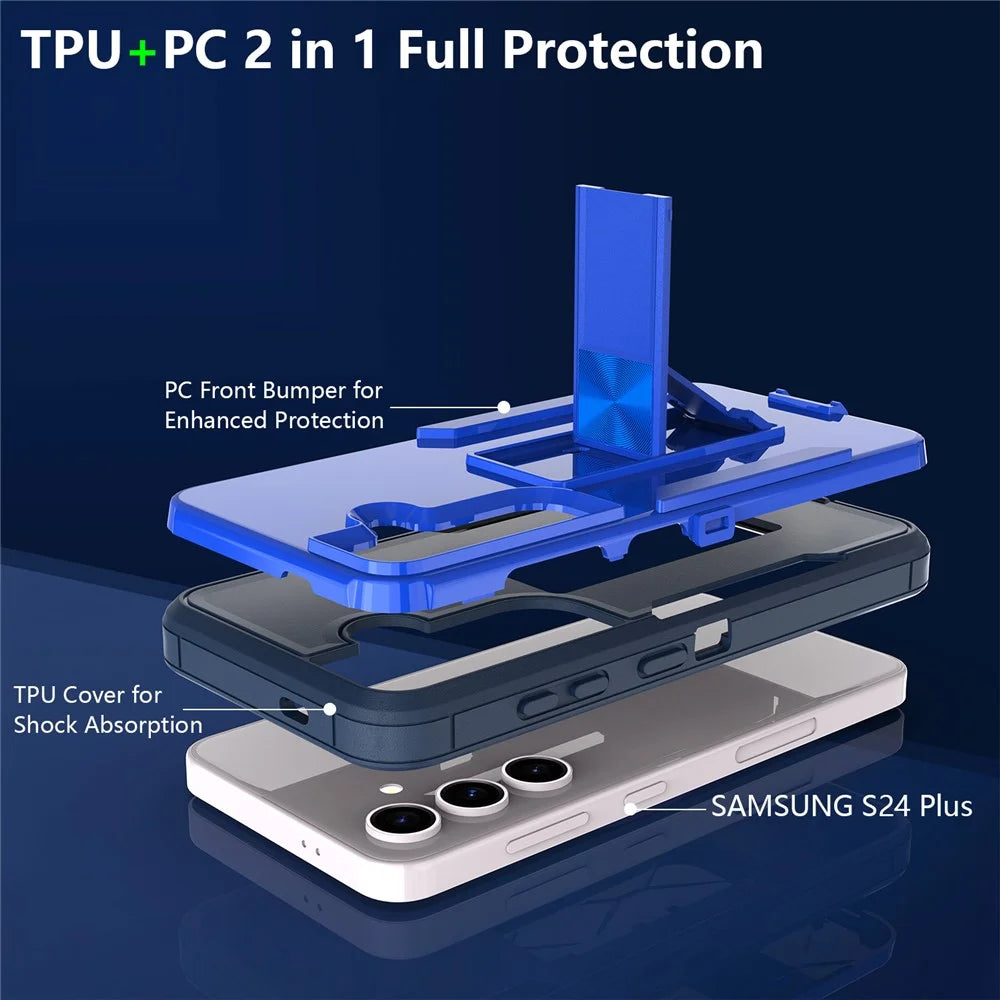 For Samsung Galaxy S24+ Case Drop-Proof TPU+PC Kickstand Phone Shell - Sapphire / Dark Blue - 3