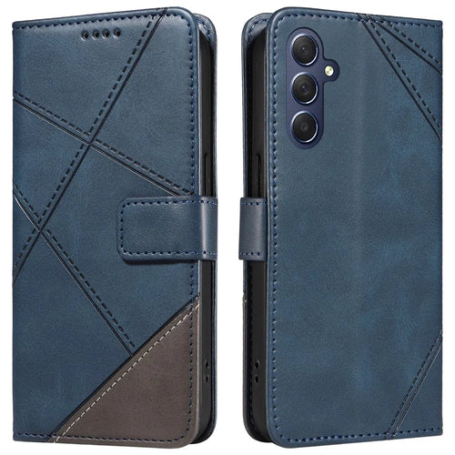 For Samsung Galaxy A55 5G Case Geometric Line Leather Phone Cover Card Slots Wallet - Blue - 1