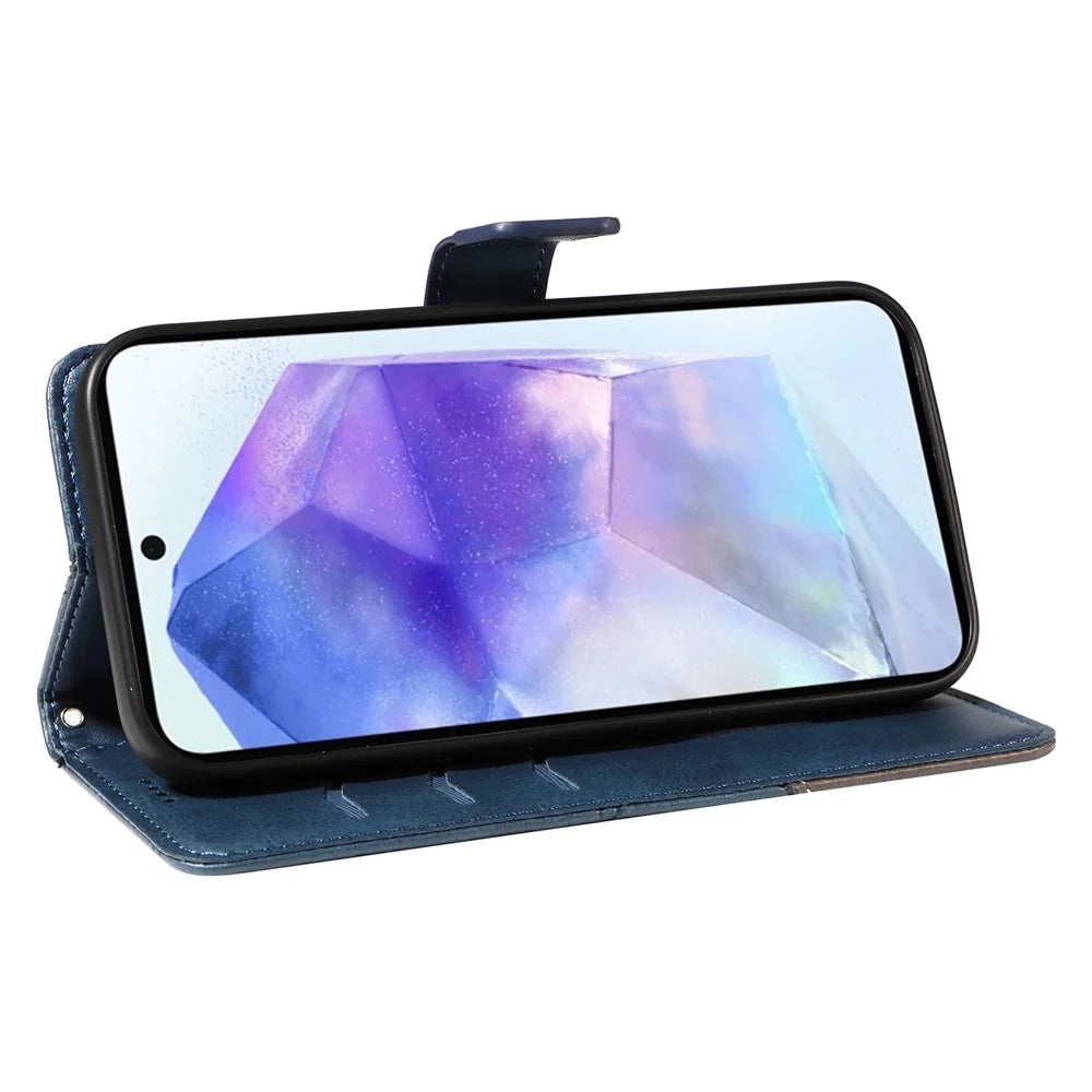 For Samsung Galaxy A55 5G Case Geometric Line Leather Phone Cover Card Slots Wallet - Blue - 3