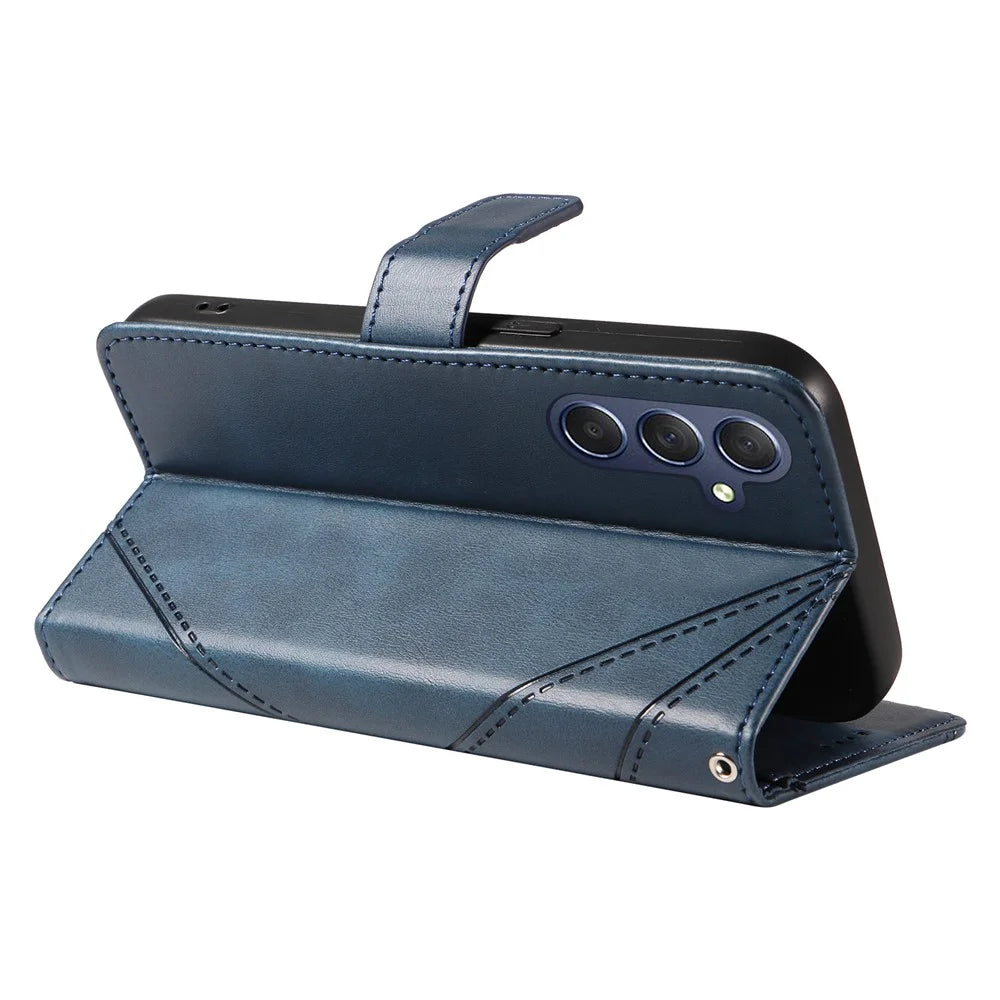 For Samsung Galaxy A55 5G Case Geometric Line Leather Phone Cover Card Slots Wallet - Blue - 4