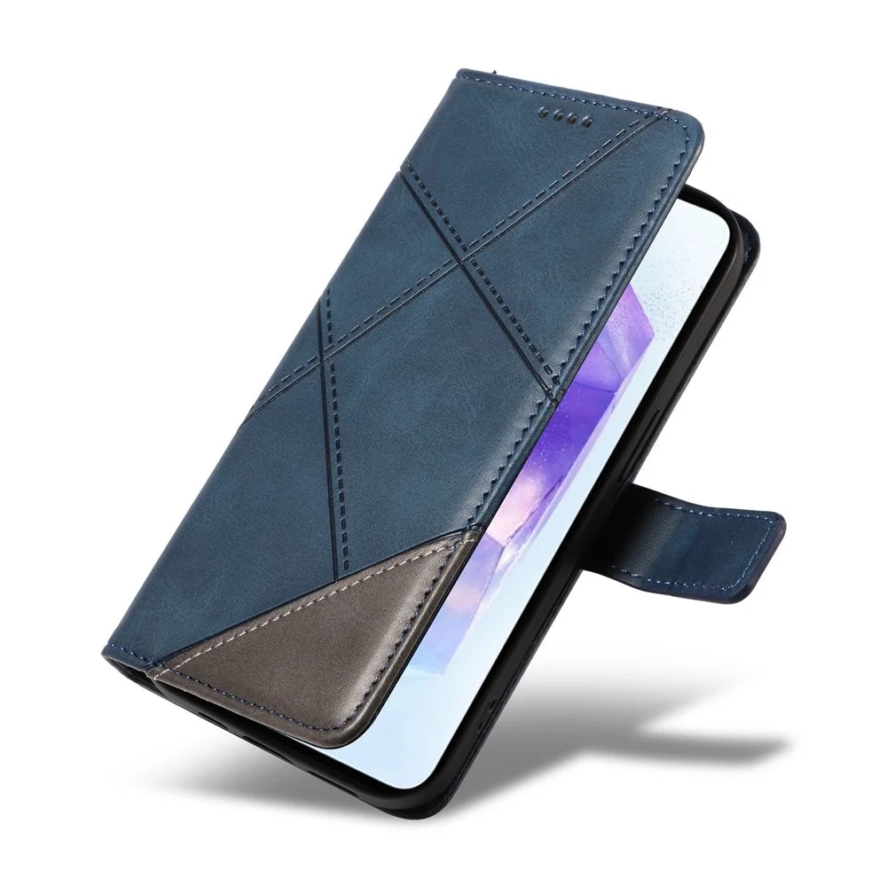 For Samsung Galaxy A55 5G Case Geometric Line Leather Phone Cover Card Slots Wallet - Blue - 6