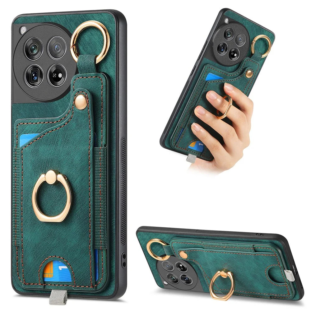 D6 For OnePlus 12 5G Case Leather+TPU Phone Cover with Ring Kickstand Card Bag - Green - 1