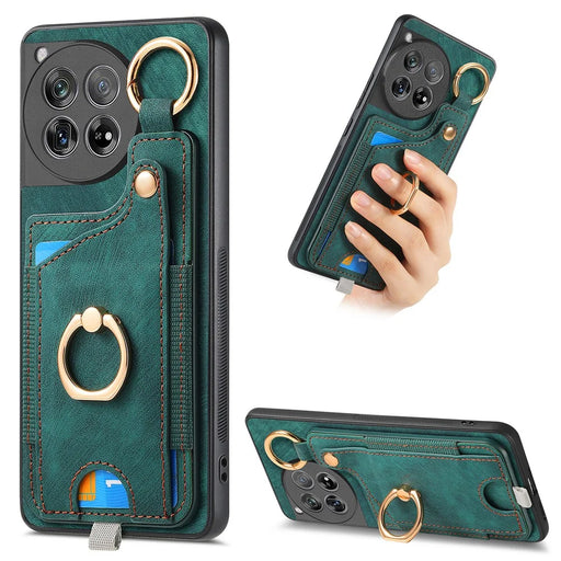 D6 For OnePlus 12 5G Case Leather+TPU Phone Cover with Ring Kickstand Card Bag - Green - 1