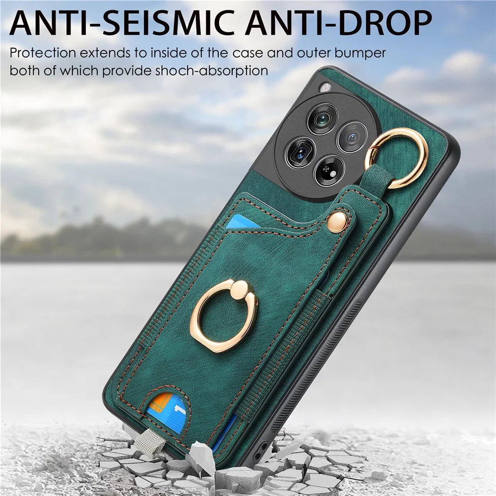 D6 For OnePlus 12 5G Case Leather+TPU Phone Cover with Ring Kickstand Card Bag - Green - 4