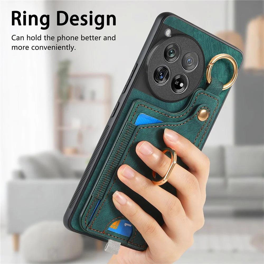 D6 For OnePlus 12 5G Case Leather+TPU Phone Cover with Ring Kickstand Card Bag - Green - 5