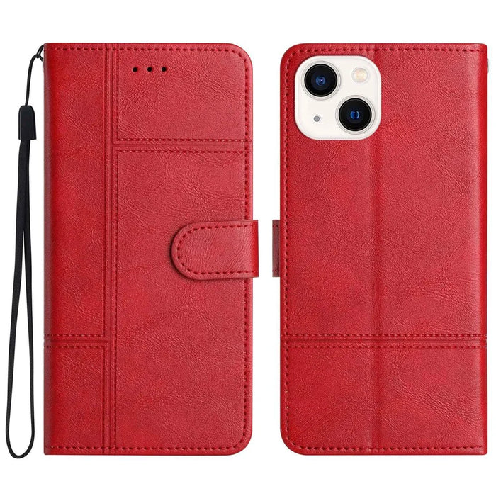 Anti-fall Flip Wallet Case For iPhone 14, Business Style Anti-scratch Cowhide Texture PU Leather Phone Cover Stand with Strap - Red - 1