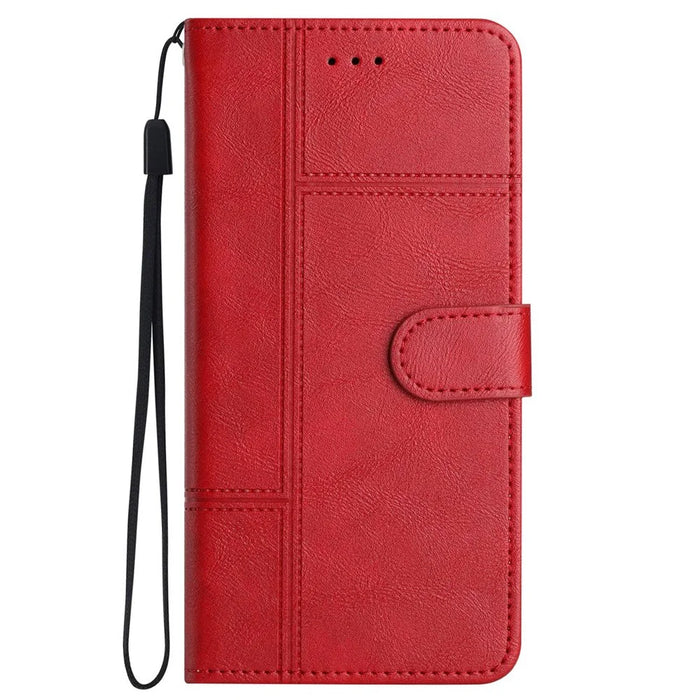 Anti-fall Flip Wallet Case For iPhone 14, Business Style Anti-scratch Cowhide Texture PU Leather Phone Cover Stand with Strap - Red - 7