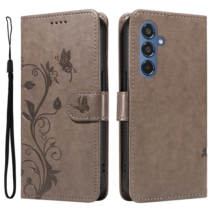 For Samsung Galaxy M35 5G PU Leather Cases Flower Pattern Wallet Stand Phone Cover with Strap - Grey - 1