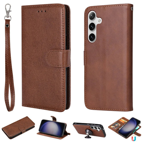 For Samsung Galaxy S25+ / S24+ Case 2 in 1 Detachable Magnetic Leather Wallet Mobile Cover with Strap - Brown - 1