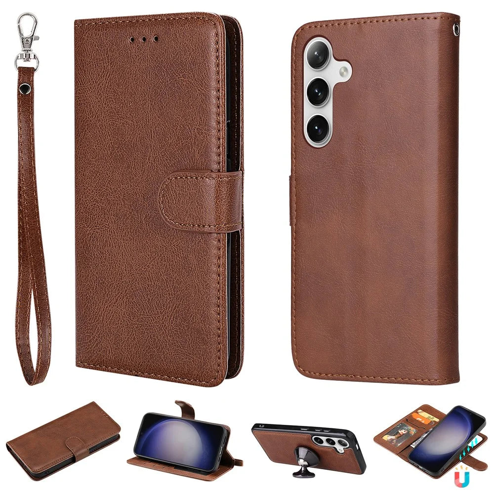 For Samsung Galaxy S25+ / S24+ Case 2 in 1 Detachable Magnetic Leather Wallet Mobile Cover with Strap - Brown - 1