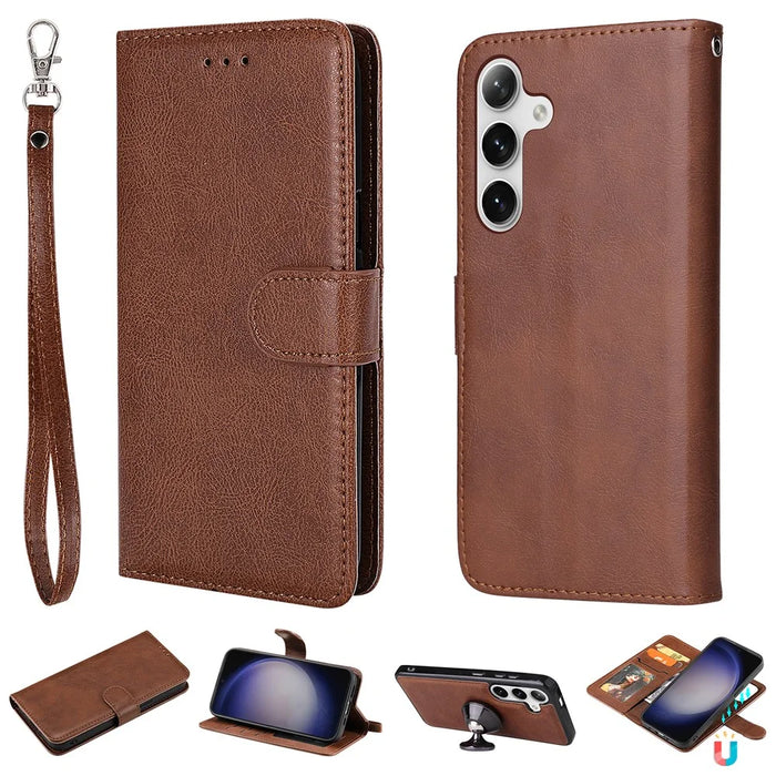For Samsung Galaxy S25+ / S24+ Case 2 in 1 Detachable Magnetic Leather Wallet Mobile Cover with Strap - Brown - 1