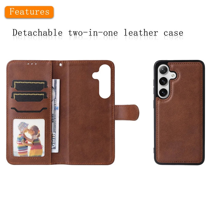For Samsung Galaxy S25+ / S24+ Case 2 in 1 Detachable Magnetic Leather Wallet Mobile Cover with Strap - Brown - 3