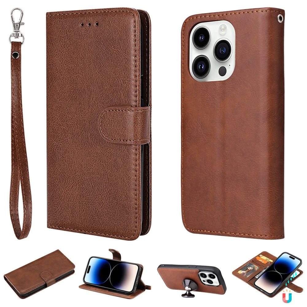 For iPhone 15 Pro Case 2 in 1 Detachable Magnetic Leather Wallet Mobile Cover with Strap - Brown - 1