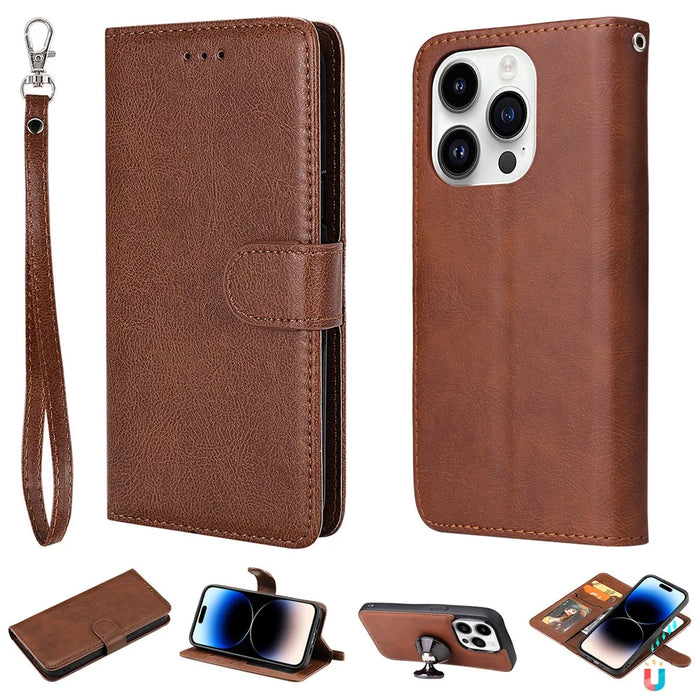 For iPhone 15 Pro Case 2 in 1 Detachable Magnetic Leather Wallet Mobile Cover with Strap - Brown - 1