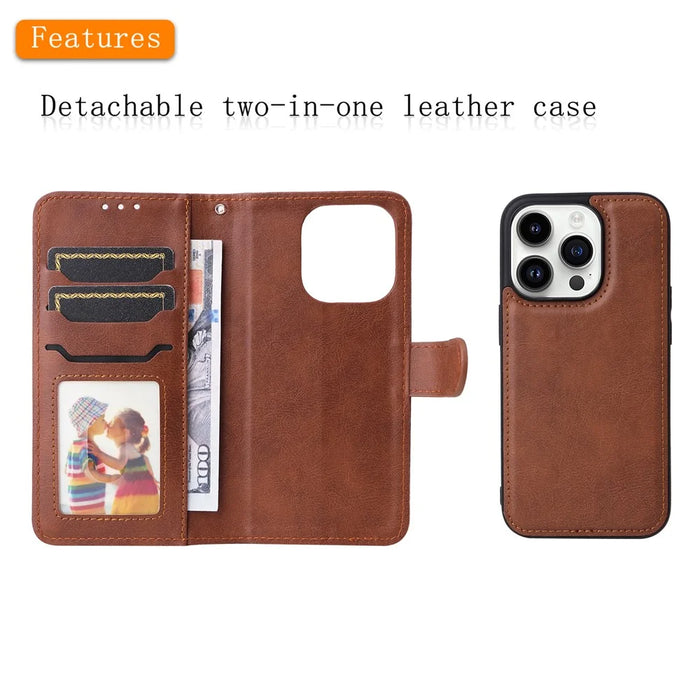 For iPhone 15 Pro Case 2 in 1 Detachable Magnetic Leather Wallet Mobile Cover with Strap - Brown - 3