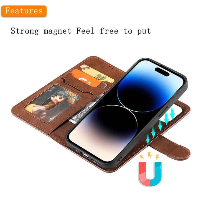 For iPhone 15 Pro Case 2 in 1 Detachable Magnetic Leather Wallet Mobile Cover with Strap - Brown - 6