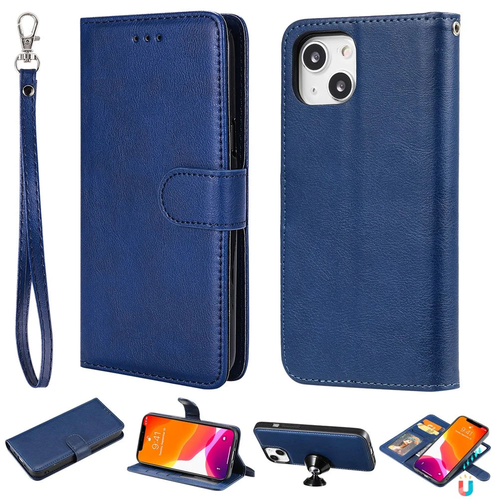 For iPhone 15 Case 2 in 1 Detachable Magnetic Leather Wallet Mobile Cover with Strap - Blue - 1