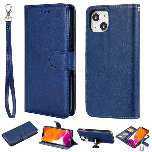 For iPhone 15 Case 2 in 1 Detachable Magnetic Leather Wallet Mobile Cover with Strap - Blue - 1