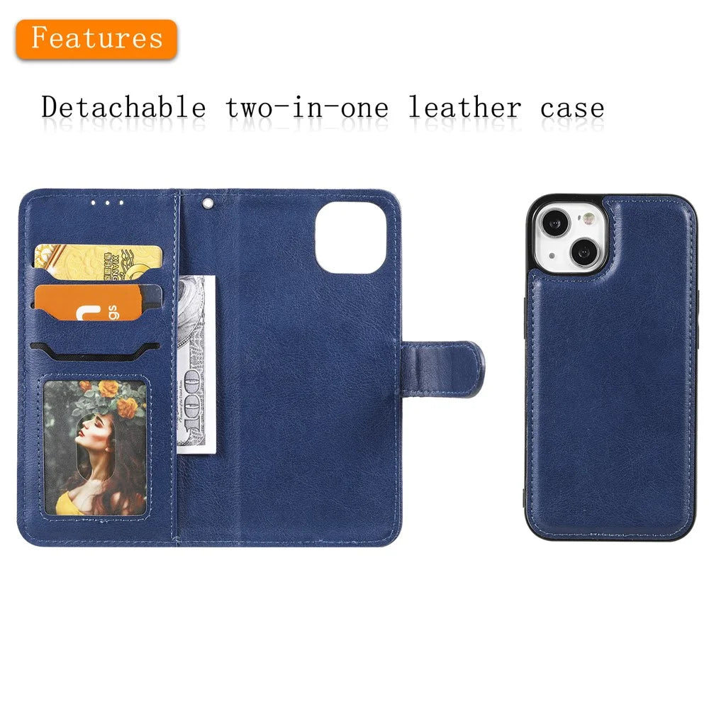 For iPhone 15 Case 2 in 1 Detachable Magnetic Leather Wallet Mobile Cover with Strap - Blue - 4