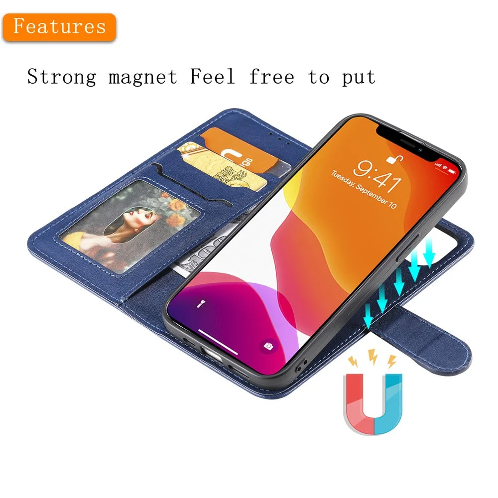 For iPhone 15 Case 2 in 1 Detachable Magnetic Leather Wallet Mobile Cover with Strap - Blue - 5