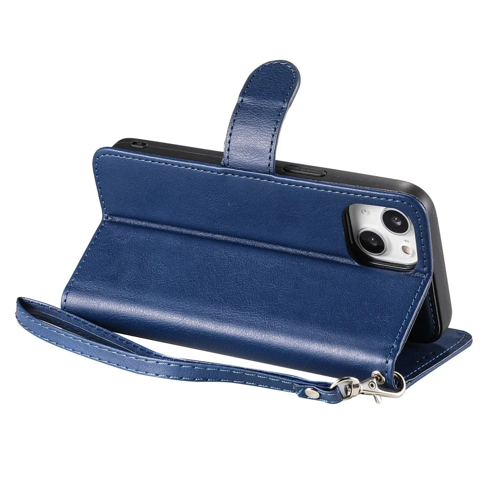 For iPhone 15 Case 2 in 1 Detachable Magnetic Leather Wallet Mobile Cover with Strap - Blue - 6