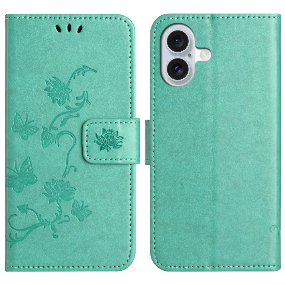For iPhone 16 Plus Case PU Leather Wallet Phone Cover Butterfly Flower Pattern - Cyan - 1