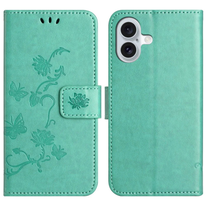 For iPhone 16 Plus Case PU Leather Wallet Phone Cover Butterfly Flower Pattern - Cyan - 1