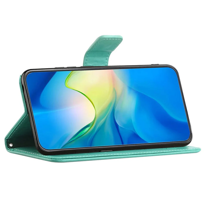 For iPhone 16 Plus Case PU Leather Wallet Phone Cover Butterfly Flower Pattern - Cyan - 3
