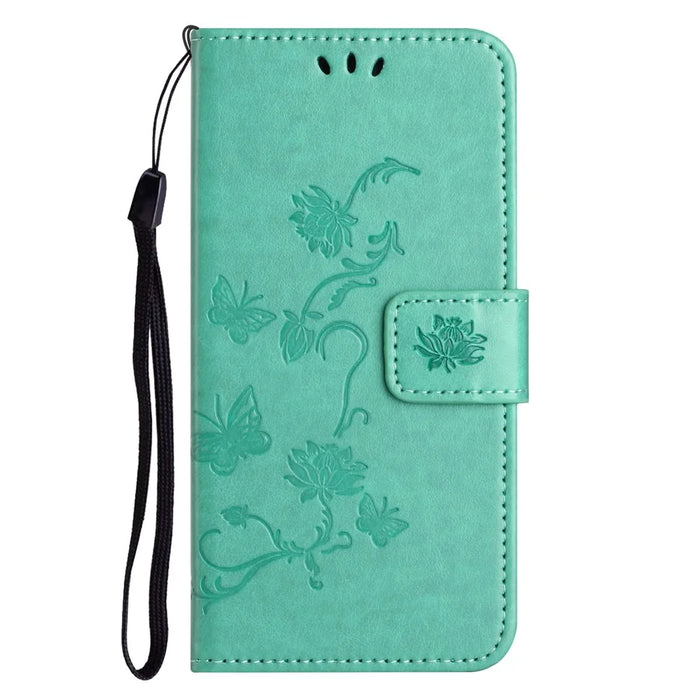 For iPhone 16 Plus Case PU Leather Wallet Phone Cover Butterfly Flower Pattern - Cyan - 4
