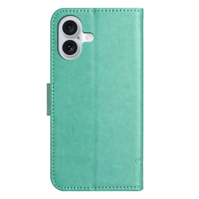 For iPhone 16 Plus Case PU Leather Wallet Phone Cover Butterfly Flower Pattern - Cyan - 5