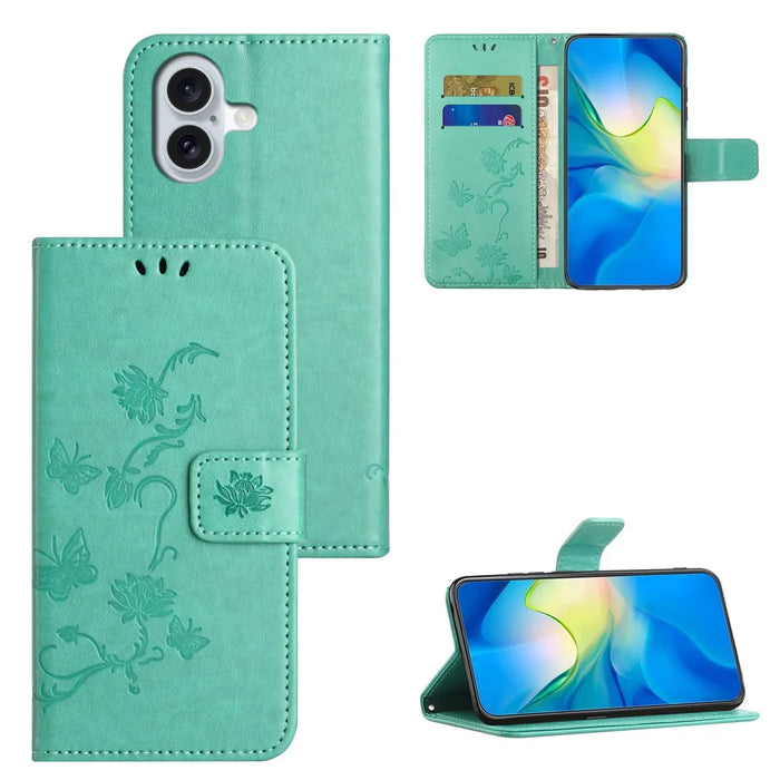 For iPhone 16 Plus Case PU Leather Wallet Phone Cover Butterfly Flower Pattern - Cyan - 6