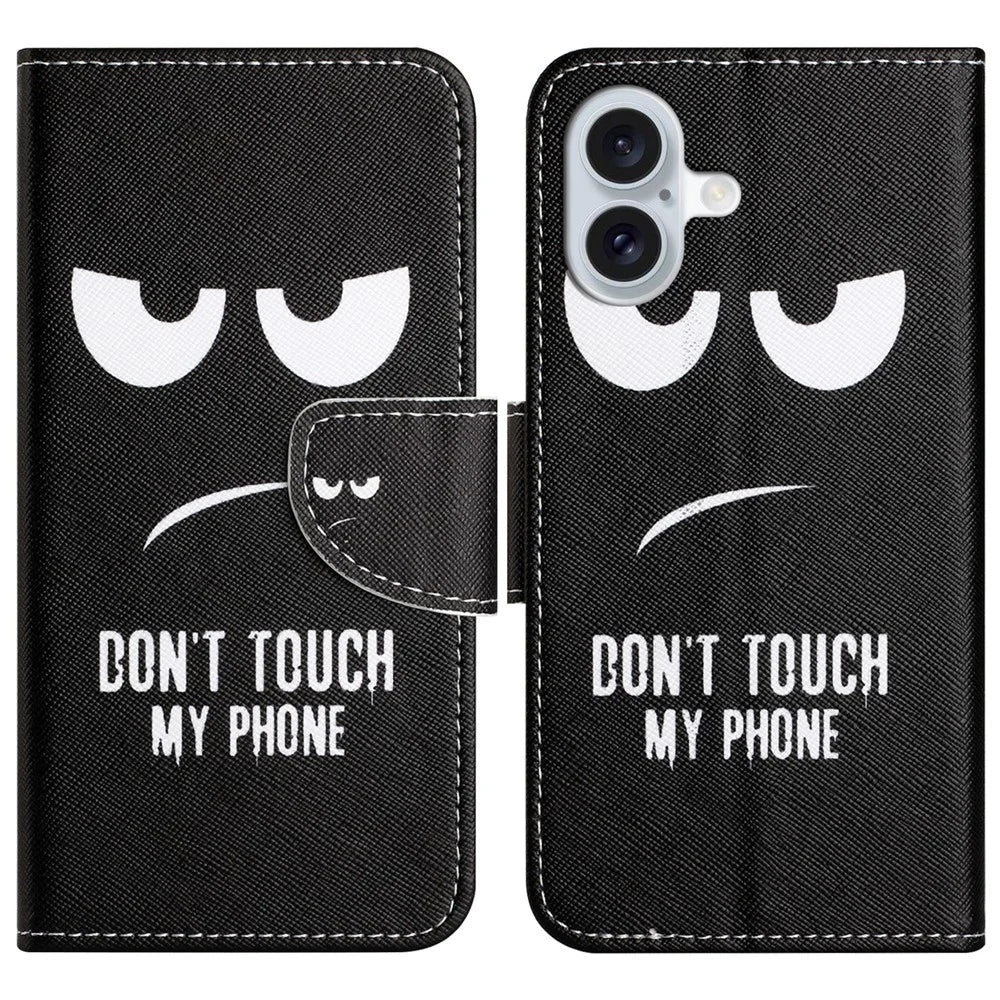 For iPhone 16 Plus Case Pattern Printing Cross Texture Phone Leather Cover - Don't Touch My Phone - 1